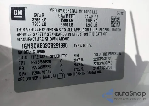 2012 Chevrolet Suburban 1500 Ltz z USA, uszkodzony, nr VIN 1GNSCKE02CR291998